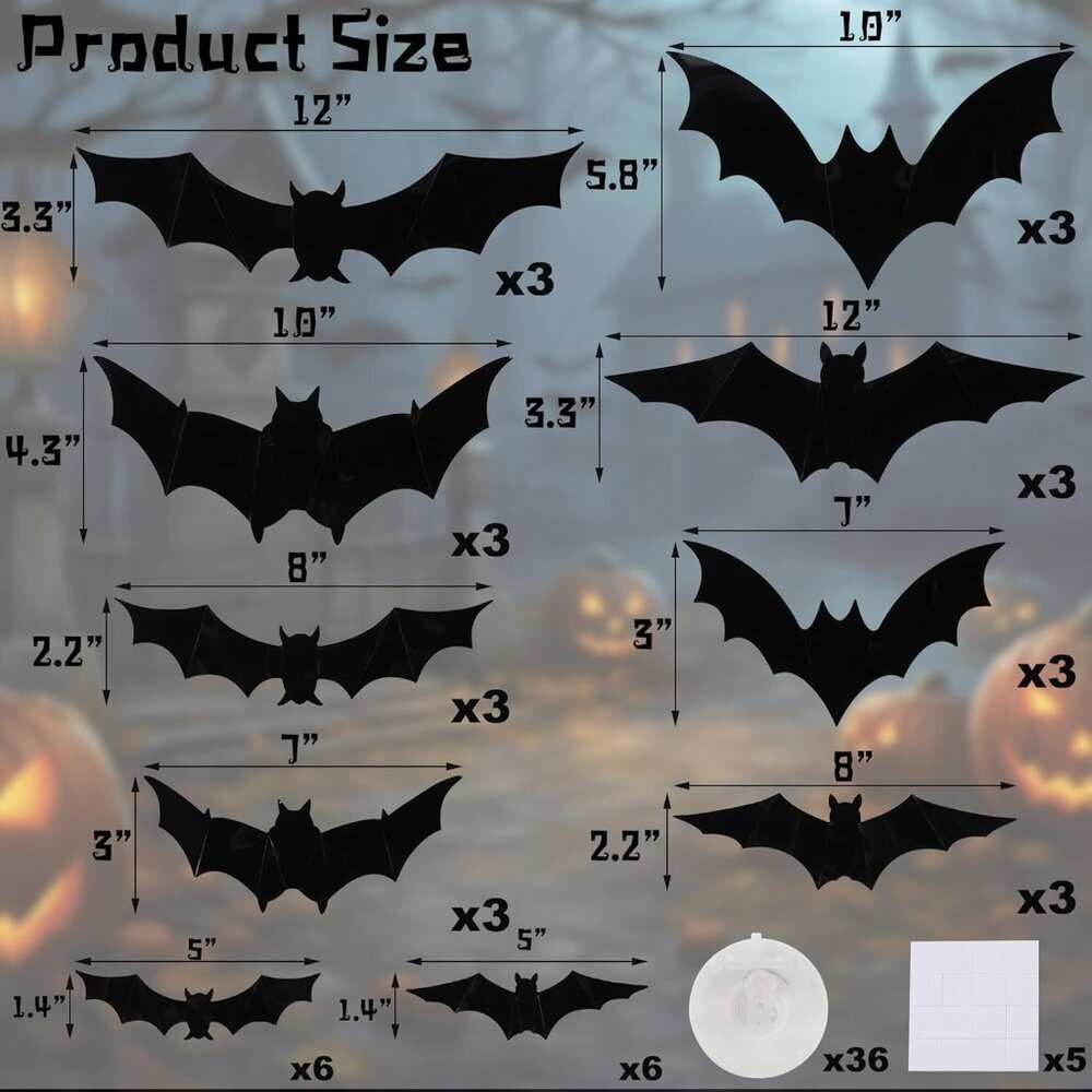 36 Pack Bats Halloween Decorations- Light Up Bat Wall Stickers with Green LED, 3 - Picture 3 of 7